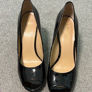 Kelly & Katie Glossy Black Peep Toe Heels